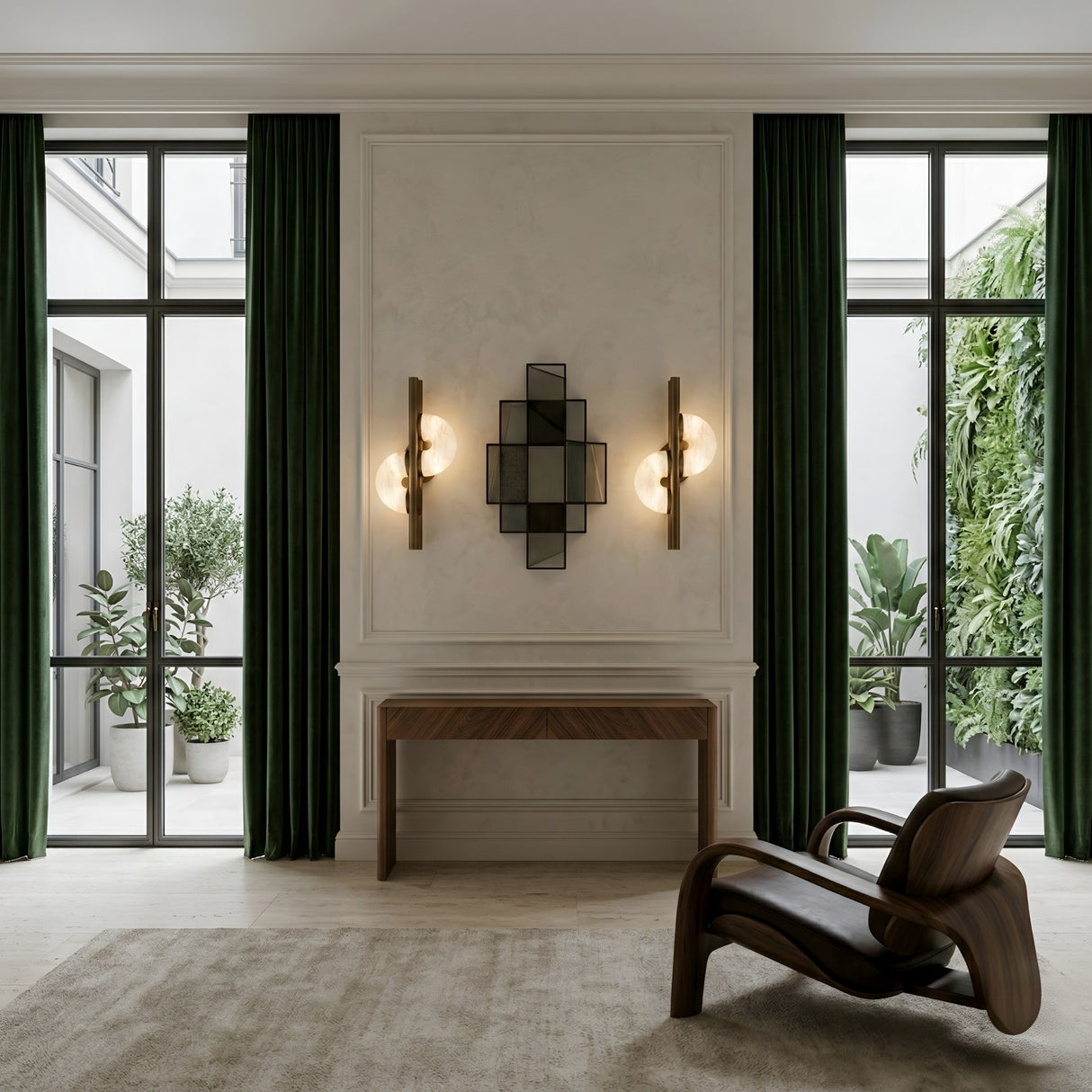 A modern room with tall windows, dark green curtains, indoor plants, a wooden console table, the Lyra LED Twin Disc Alabaster Wall Light in soft white and brushed brass, geometric wall lights, and a sculptural wooden chair on a beige rug.