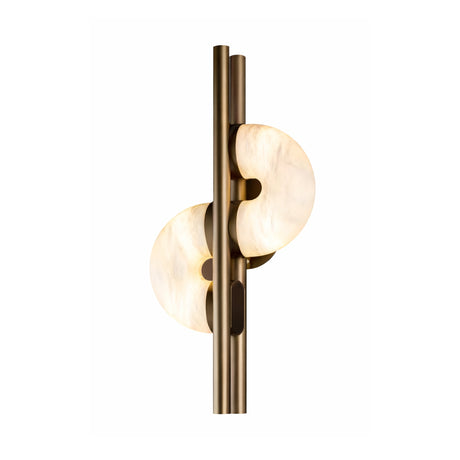 The Lyra LED Twin Disc Alabaster Wall Light features two vertical brushed brass rods and alabaster-style white diffusers, emitting soft white light. Its sleek, symmetrical design adds elegance to any space.