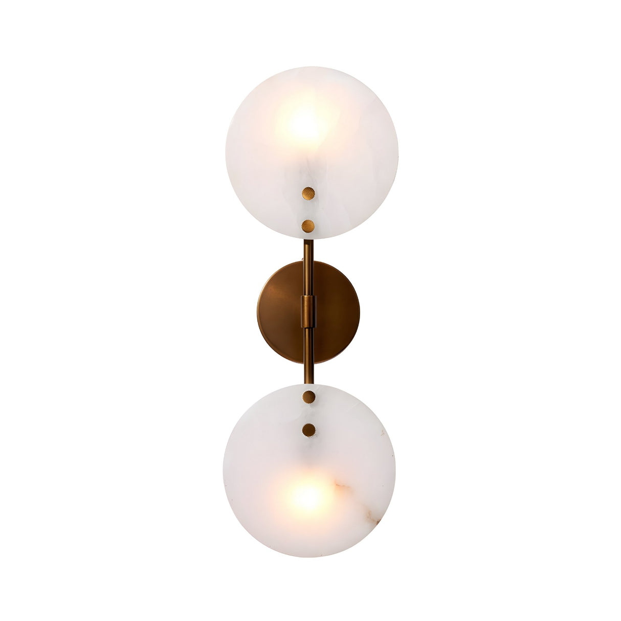 The Althia LED Alabaster Wall Light in brushed brass features two vertically aligned soft white glass shades on a circular base, offering an elegant and modern lighting solution for any space.