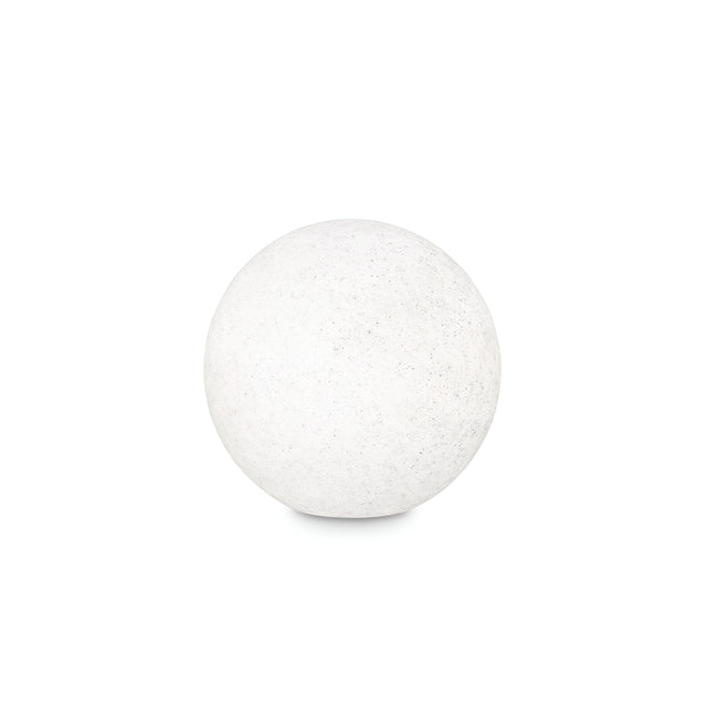 A smooth, white Gloriana Outdoor Pedestal Light, 30cm in diameter, subtly illuminated by ambient lighting against a plain white background.