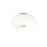 The Solitha 5 Light Flush - White features a modern ceiling light fixture with a white glass diffuser, ribbed dome design, and satin brass accent at the base, all set against a plain white background.