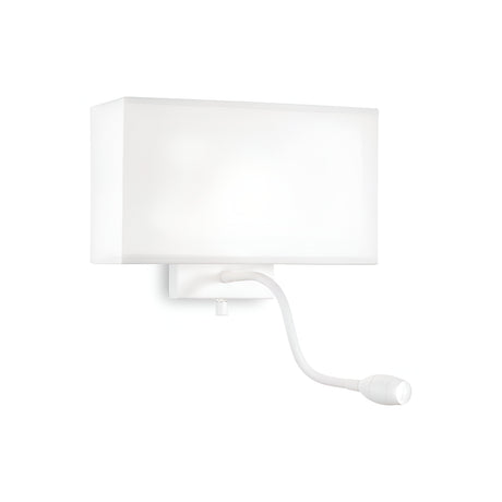 Explore the Solari 2 Light Wall Light - White: a contemporary wall-mounted fixture showcasing a minimalist look with a rectangular white shade and an adjustable LED reading light that extends below. Its elegant white base seamlessly enhances any modern environment.