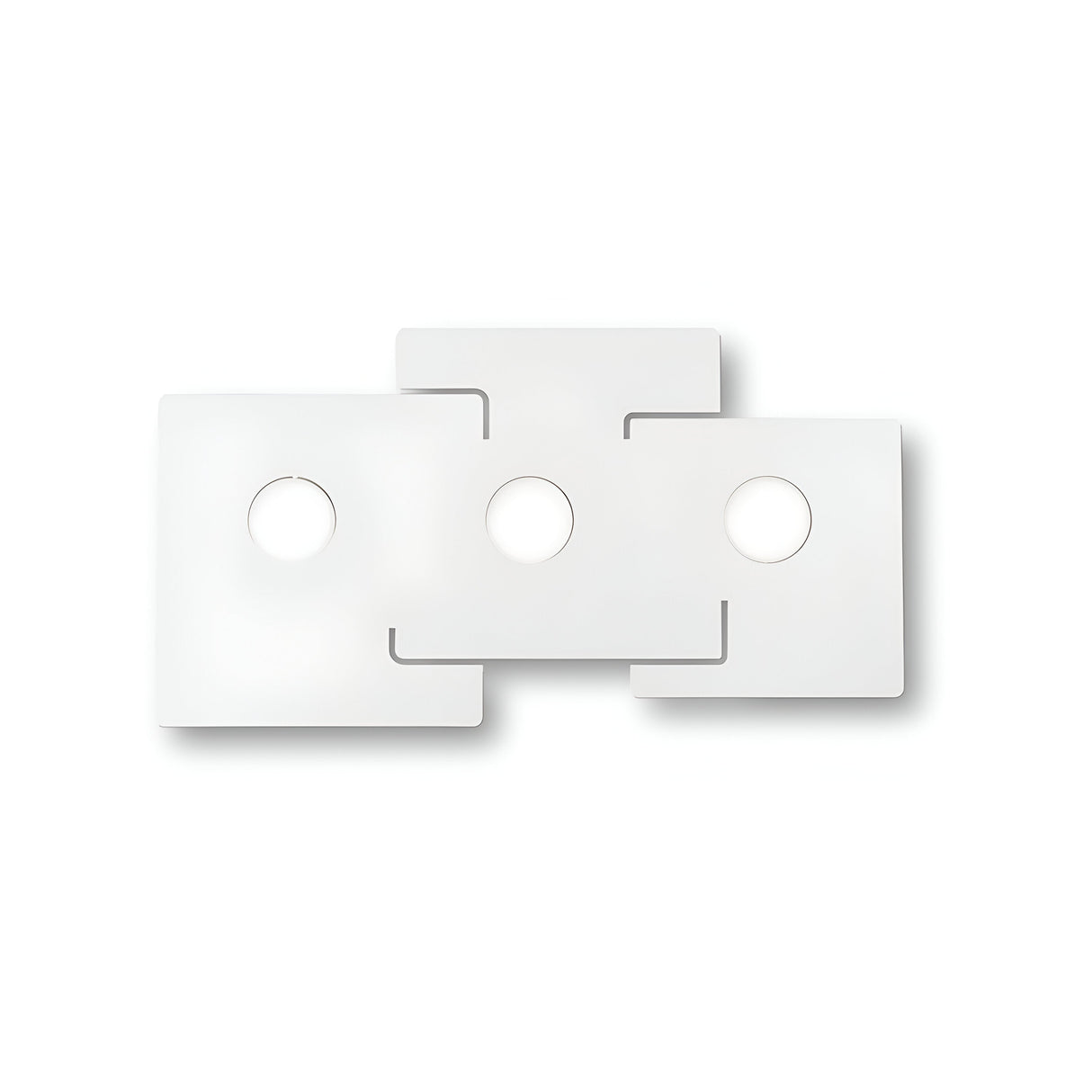 The Emberix 3 Light Ceiling Light - White showcases a design with three interlocking white panels, each featuring a circular cutout at the center. Its minimalist and balanced aesthetic is enhanced by clean lines and subtle shadows, evoking the elegance of modern geometric sculpture.