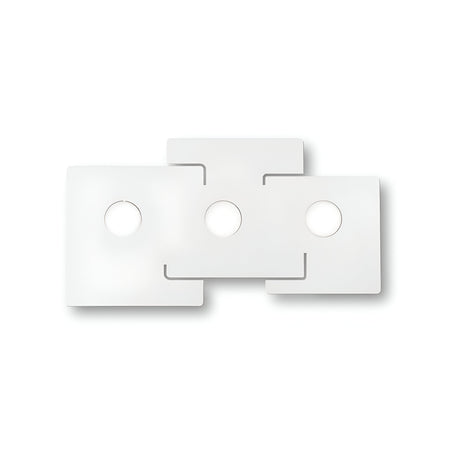 The Emberix 3 Light Ceiling Light - White showcases a design with three interlocking white panels, each featuring a circular cutout at the center. Its minimalist and balanced aesthetic is enhanced by clean lines and subtle shadows, evoking the elegance of modern geometric sculpture.