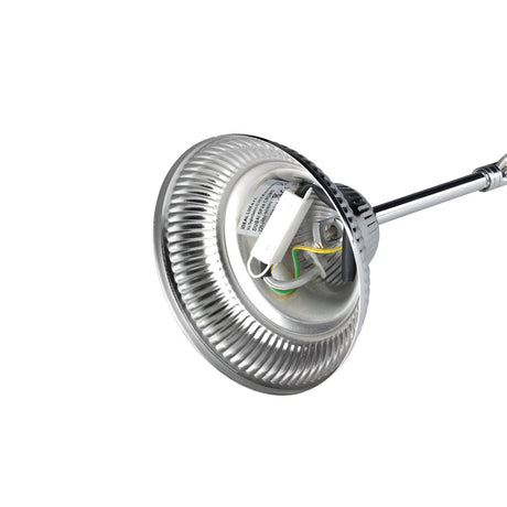 Close-up of the Emberara Crystal 10 Light Chandelier in chrome, featuring a metallic ceiling design that highlights its intricate internal wiring and components. The circular reflective surface encases a central mechanism with visible wires. This elegant fixture, reminiscent of a chrome chandelier, is suspended from a sleek rod.