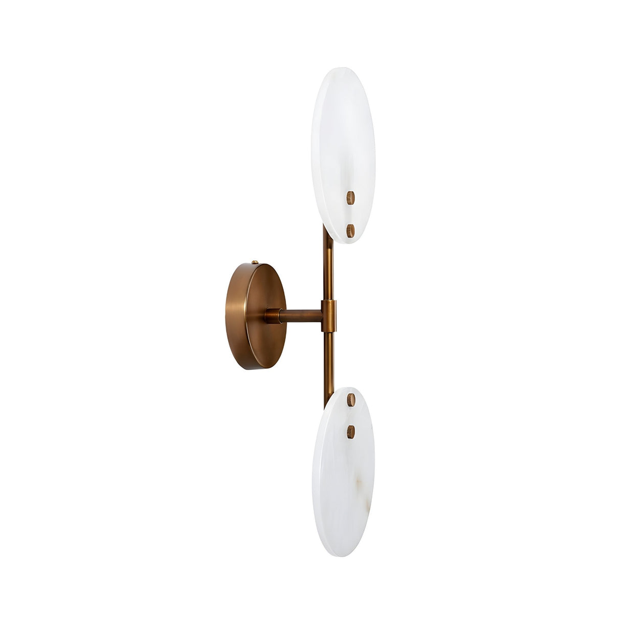 Modern and minimalistic, the Althia LED Alabaster Wall Light in brushed brass and soft white features two circular alabaster shades on a vertical rod—ideal for decorative lighting in any contemporary space.