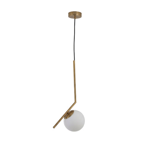 The Vetra Opal Glass Small Pendant Light - Gold features a gold angled rod, black cord, and a round white glass globe suspended from a gold ceiling mount—an elegant, modern lighting fixture.