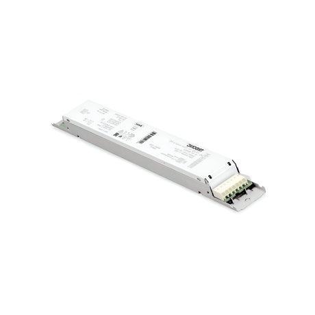 The image displays a Sparx Constant Voltage Dimmable LED Driver, 27W, 500mA, in a white rectangular casing with input/output connectors on one end. It is marked with technical specifications for LED lighting systems and certification logos, and it supports 1-10V dimming systems.