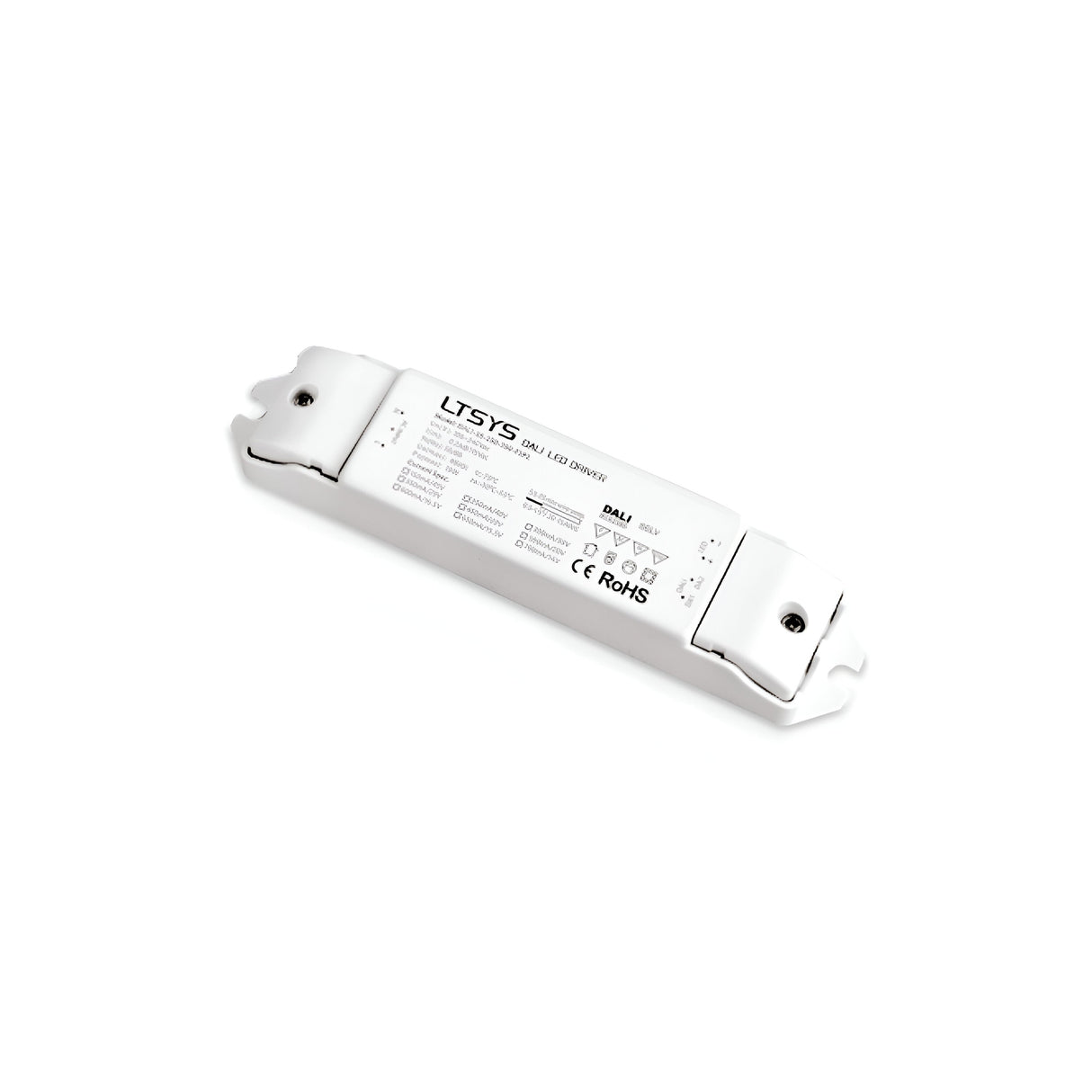 The Lumos Constant Current Dimmable LED Driver - 10W, 250mA is a white unit featuring a slim, rectangular design with text and symbols adorning its surface. This model is perfect for versatile lighting solutions due to its dimmable constant current capabilities.