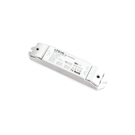 The Lumos Constant Current Dimmable LED Driver - 10W, 250mA is a white unit featuring a slim, rectangular design with text and symbols adorning its surface. This model is perfect for versatile lighting solutions due to its dimmable constant current capabilities.