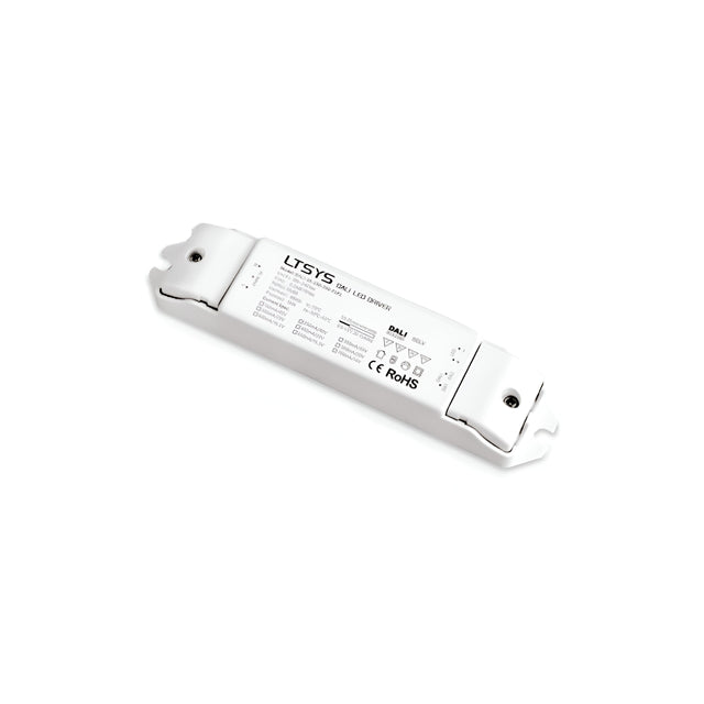 The Lumos Constant Current Dimmable LED Driver - 10W, 250mA is a white unit featuring a slim, rectangular design with text and symbols adorning its surface. This model is perfect for versatile lighting solutions due to its dimmable constant current capabilities.