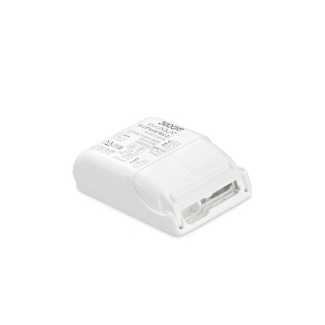 The Lumos Constant Current Dimmable LED Driver - 20W, 350mA is a white electronic adapter perfect for use as an LED driver, with its specifications displayed on the top surface. The adapter comes with a wide rectangular port and various certification symbols for easy identification. Its compact and minimalistic design ensures energy efficiency in any setup.