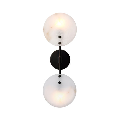 The Althia LED Alabaster Wall Light in matte black and soft white features two vertically aligned round globes with black accents, connected by a sleek matte black fixture, shown against a white background.