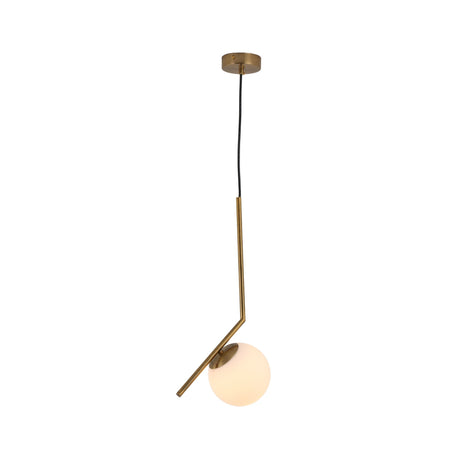 The Vetra Opal Glass Small Pendant Light - Gold features a brass angled rod, frosted glass globe shade, and black cord suspension from a round ceiling mount, lending sleek elegance to any space.