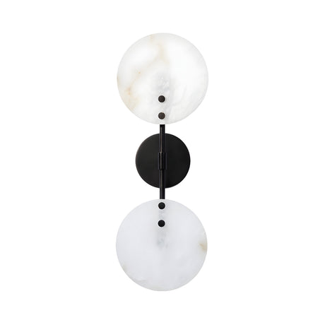 The Althia LED Alabaster Wall Light – Matte Black & Soft White features two round, soft white alabaster-like discs joined by a matte black rod and mount, each disc accented with three small black knobs.