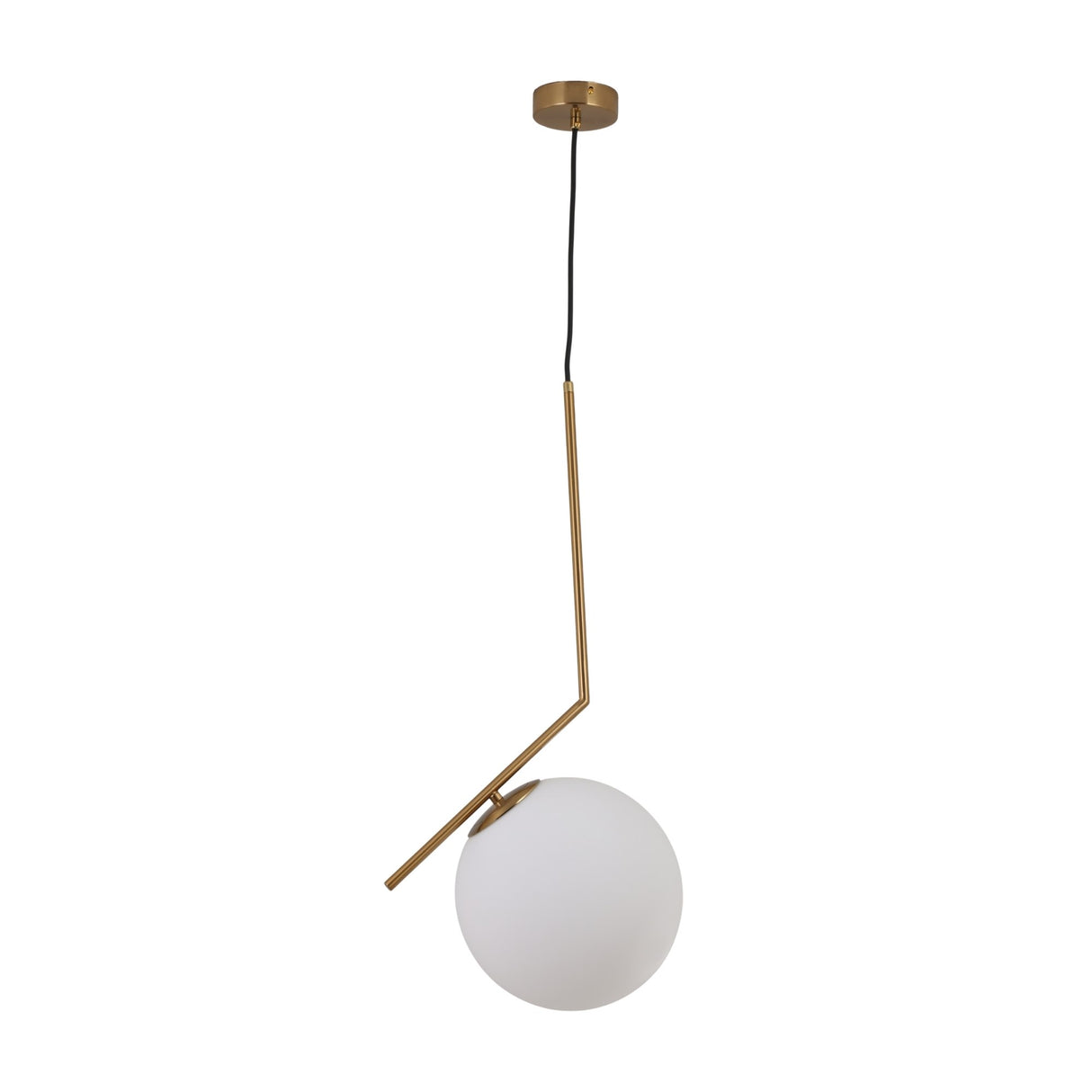 The Vetra Opal Glass Large Pendant Light - Gold features a gold angled rod, round opal glass globe shade, and is suspended by a black cord from a circular ceiling mount.
