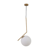 The Vetra Opal Glass Large Pendant Light - Gold features a gold angled rod, round opal glass globe shade, and is suspended by a black cord from a circular ceiling mount.