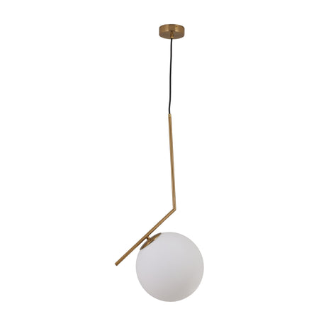 The Vetra Opal Glass Large Pendant Light - Gold features a gold angled rod, round opal glass globe shade, and is suspended by a black cord from a circular ceiling mount.