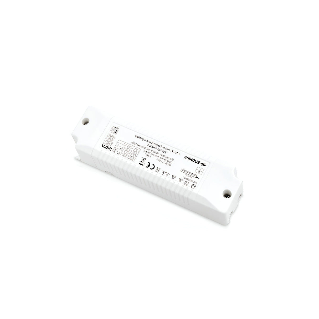 The Radiara Constant Current Dimmable LED Driver, a rectangular white electronic device, is equipped with text and symbols on its surface. This 31W, 1-10V, 900mA model includes screw holes for mounting and adheres to multiple certifications, ensuring energy efficiency and a dependable constant current output.