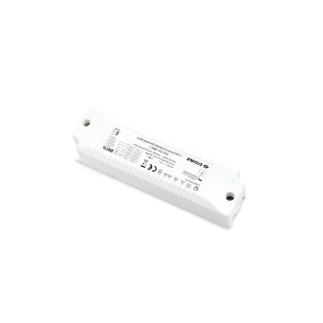 The Radiara Constant Current Dimmable LED Driver, a rectangular white electronic device, is equipped with text and symbols on its surface. This 31W, 1-10V, 900mA model includes screw holes for mounting and adheres to multiple certifications, ensuring energy efficiency and a dependable constant current output.