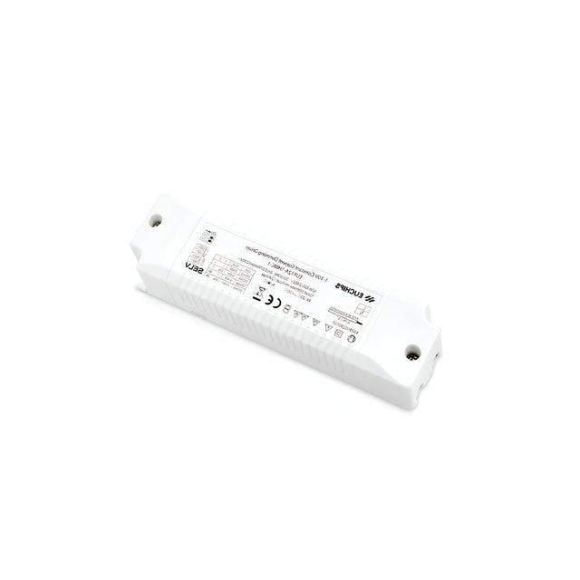 The Radiara Constant Current Dimmable LED Driver, a rectangular white electronic device, is equipped with text and symbols on its surface. This 31W, 1-10V, 900mA model includes screw holes for mounting and adheres to multiple certifications, ensuring energy efficiency and a dependable constant current output.