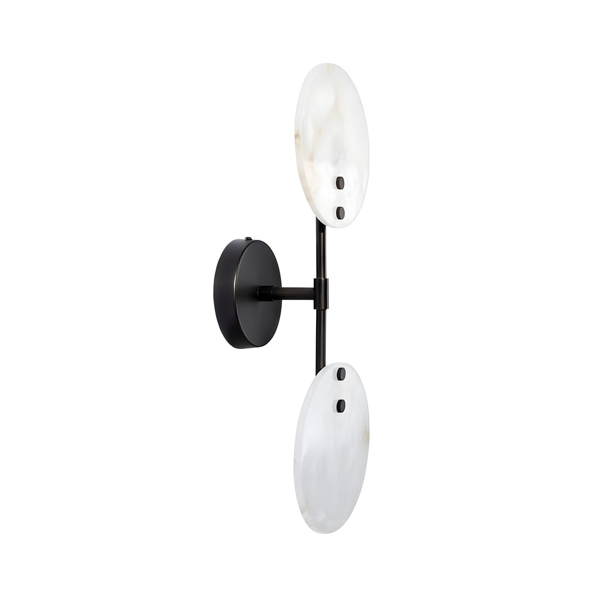 The Althia LED Alabaster Wall Light features a matte black base with two vertically stacked, soft white alabaster disc shades attached by a black rod, presented against a white background.