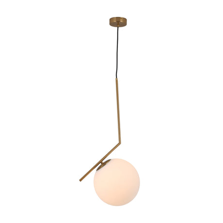 The Vetra Opal Glass Large Pendant Light - Gold features a gold angular metal rod, a frosted white opal glass globe shade, and a black suspension cord with a circular ceiling mount for modern style.