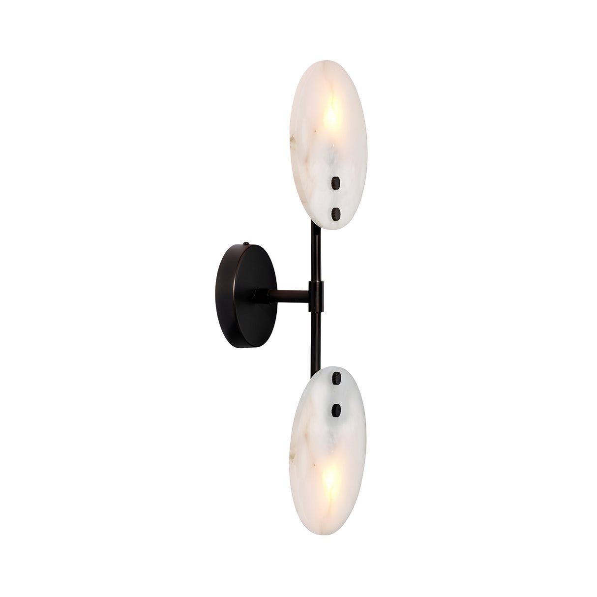 The Althia LED Alabaster Wall Light features two round, soft white marbled shades arranged vertically on a matte black metal frame and base, displayed against a white background.