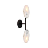 The Althia LED Alabaster Wall Light features two round, soft white marbled shades arranged vertically on a matte black metal frame and base, displayed against a white background.