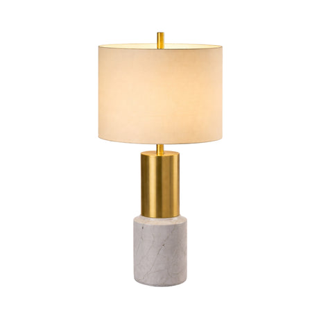 The Lunaro 1 Light Marble Table Lamp – Brass & White features a cylindrical beige fabric shade, gold metal midsection, and round white marble base, shown against a plain white background.