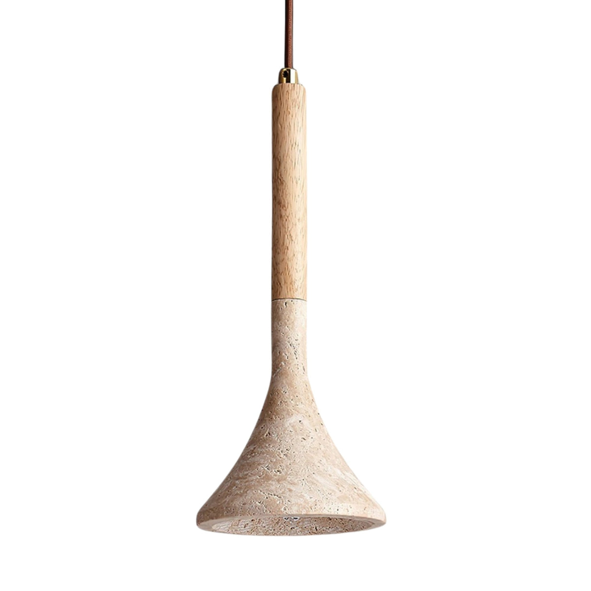 The Vantoro 1 Light Cone Travertine Single Pendant Light features a light brown wooden handle, a light beige travertine shade, and is suspended from a brown cord against a white background.