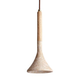 The Vantoro 1 Light Cone Travertine Single Pendant Light features a light brown wooden handle, a light beige travertine shade, and is suspended from a brown cord against a white background.