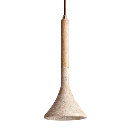 The Vantoro 1 Light Cone Travertine Single Pendant Light features a light brown wooden handle, a light beige travertine shade, and is suspended from a brown cord against a white background.