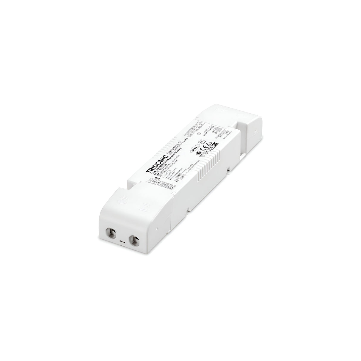 The Radiara Constant Current Dimmable LED Driver - 10W, 300mA is a rectangular white device with connection points on both ends. It boasts constant current functionality and is marked with various printed details, including the Tridonic brand name and important safety certifications.