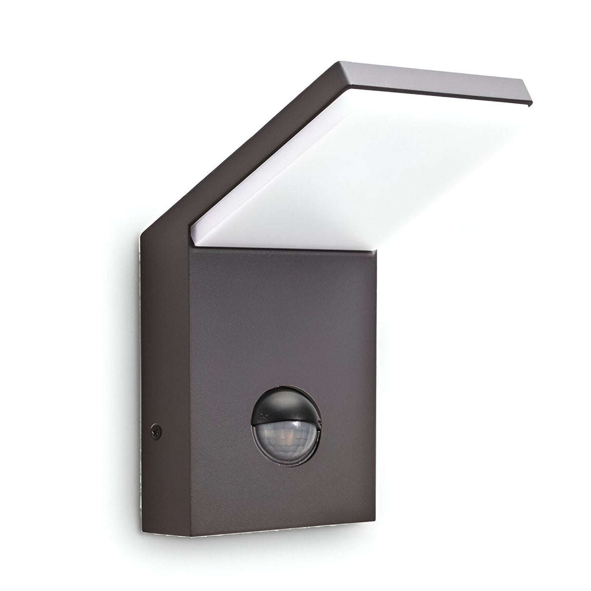 Introducing the Brillix Outdoor Motion Sensor LED Wall Light, a contemporary and minimalist fixture that boasts a sleek, angular design in matte grey. This 9.5W light features a rectangular frame with an angled top section and includes an outdoor motion sensor beneath it, providing energy-efficient illumination at 4000K.