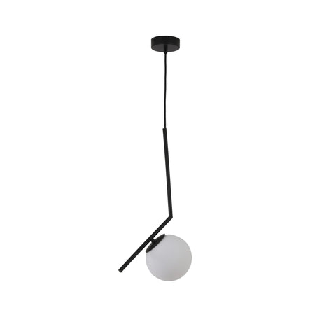 The Vetra Opal Glass Small Pendant Light - Black features a minimalist design with a black metal rod and round white glass globe, elegantly suspended from the ceiling by a black cord.
