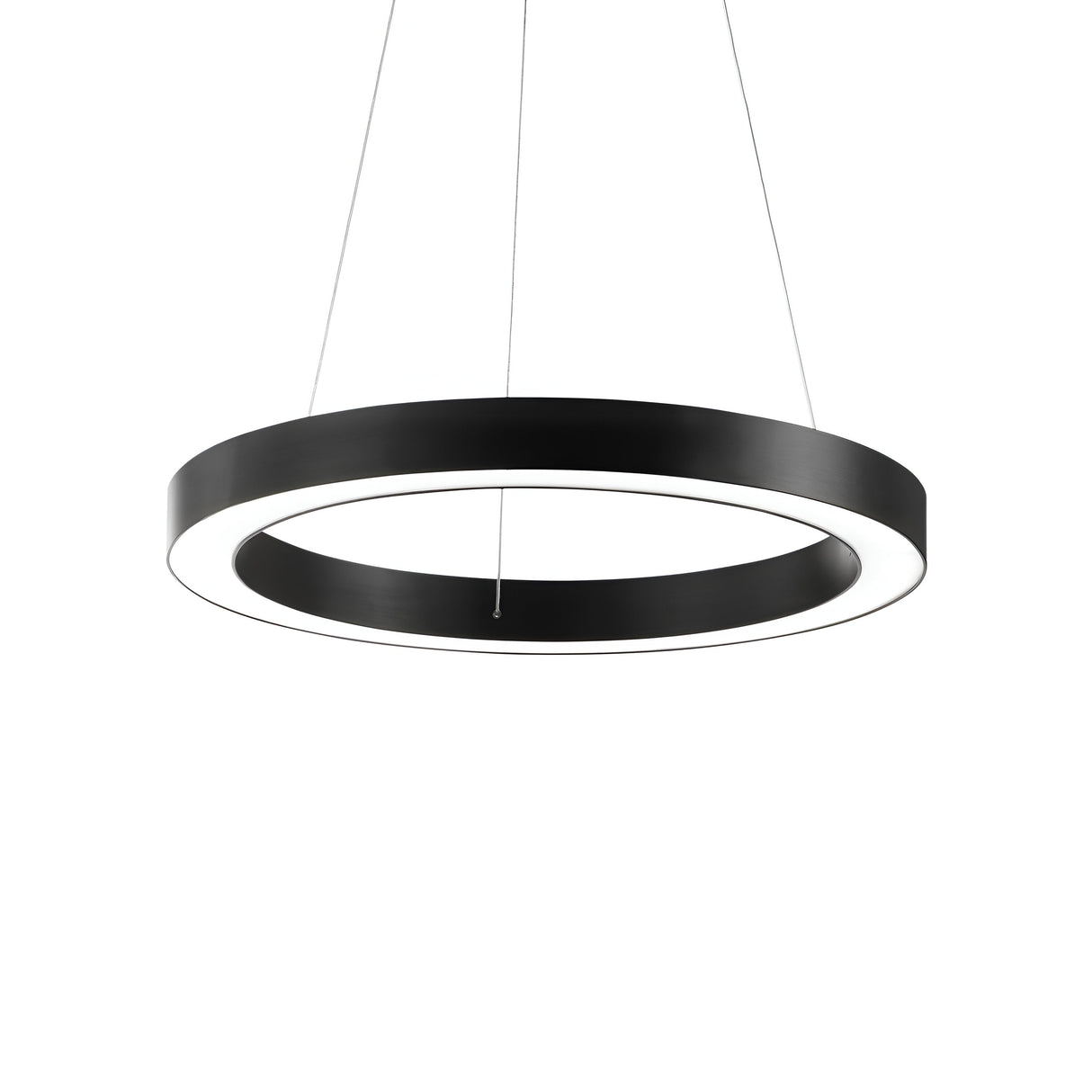 The Arcena Round LED Suspension Light features a contemporary design with a sleek black frame and a radiant white inner ring, elegantly suspended by thin wires. Its energy-efficient LED technology, paired with its dimmable feature, makes it both a stylish and versatile addition to any room.