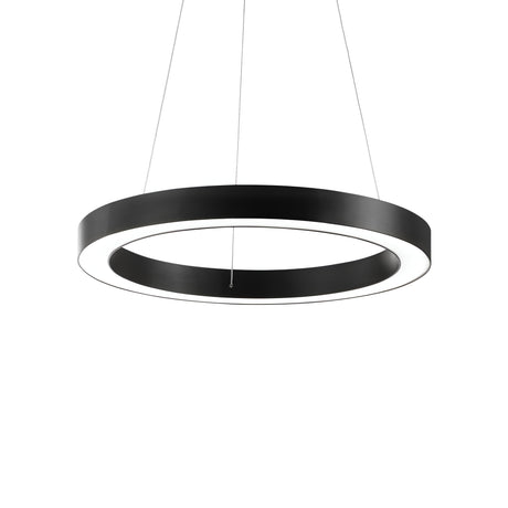 The Arcena Round LED Suspension Light features a contemporary design with a sleek black frame and a radiant white inner ring, elegantly suspended by thin wires. Its energy-efficient LED technology, paired with its dimmable feature, makes it both a stylish and versatile addition to any room.
