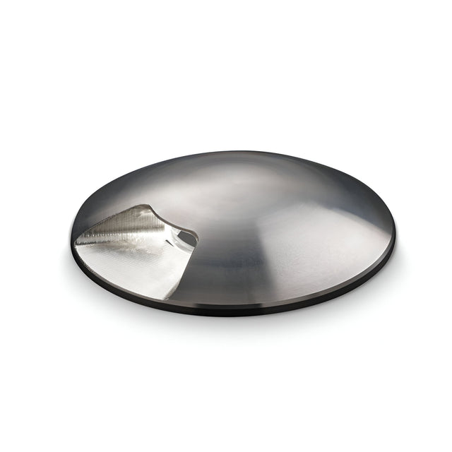 A sleek, curved polished metal disc with a subtle indentation on one side, shining like the Gleamora-1 LED Outdoor Drive Over Recessed Ground Light 2W 4000K - Grey against a white background.