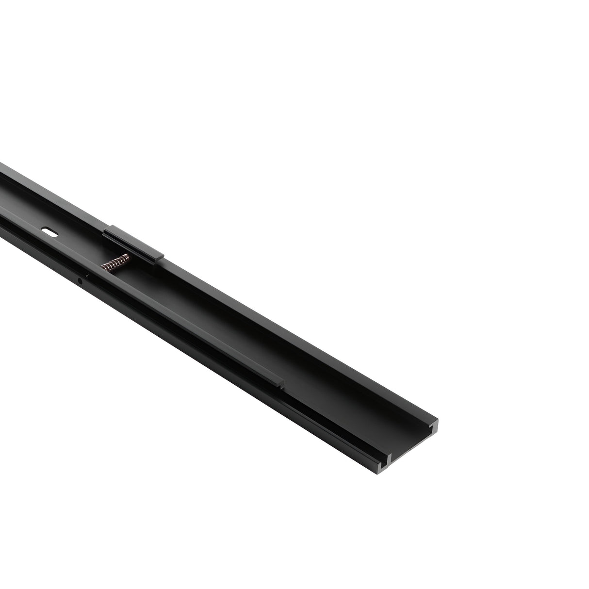 Close-up of the Prismatic Circuit Surface-Mounted Track 1m in black, featuring a long, slim metal rail with a sliding mechanism, isolated on a white background.