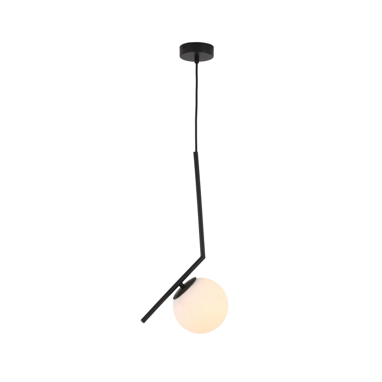 The Vetra Opal Glass Small Pendant Light - Black is a minimalist pendant featuring a black angular metal rod, a round white opal glass globe, black cord, and ceiling mount, shown against a plain white background.