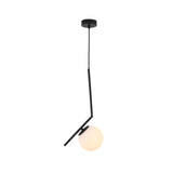 The Vetra Opal Glass Small Pendant Light - Black is a minimalist pendant featuring a black angular metal rod, a round white opal glass globe, black cord, and ceiling mount, shown against a plain white background.