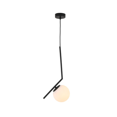 The Vetra Opal Glass Small Pendant Light - Black is a minimalist pendant featuring a black angular metal rod, a round white opal glass globe, black cord, and ceiling mount, shown against a plain white background.