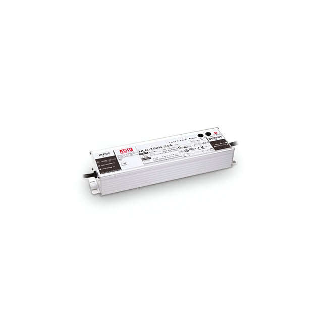 The Prismatic Constant Voltage LED Driver - 150W, 48V, IP67 comes in a rectangular shape with a white casing and specifications printed on top. It features input and output wire connectors on the sides. The brand logo and model information are prominently displayed on the label, ensuring an efficient constant voltage output.