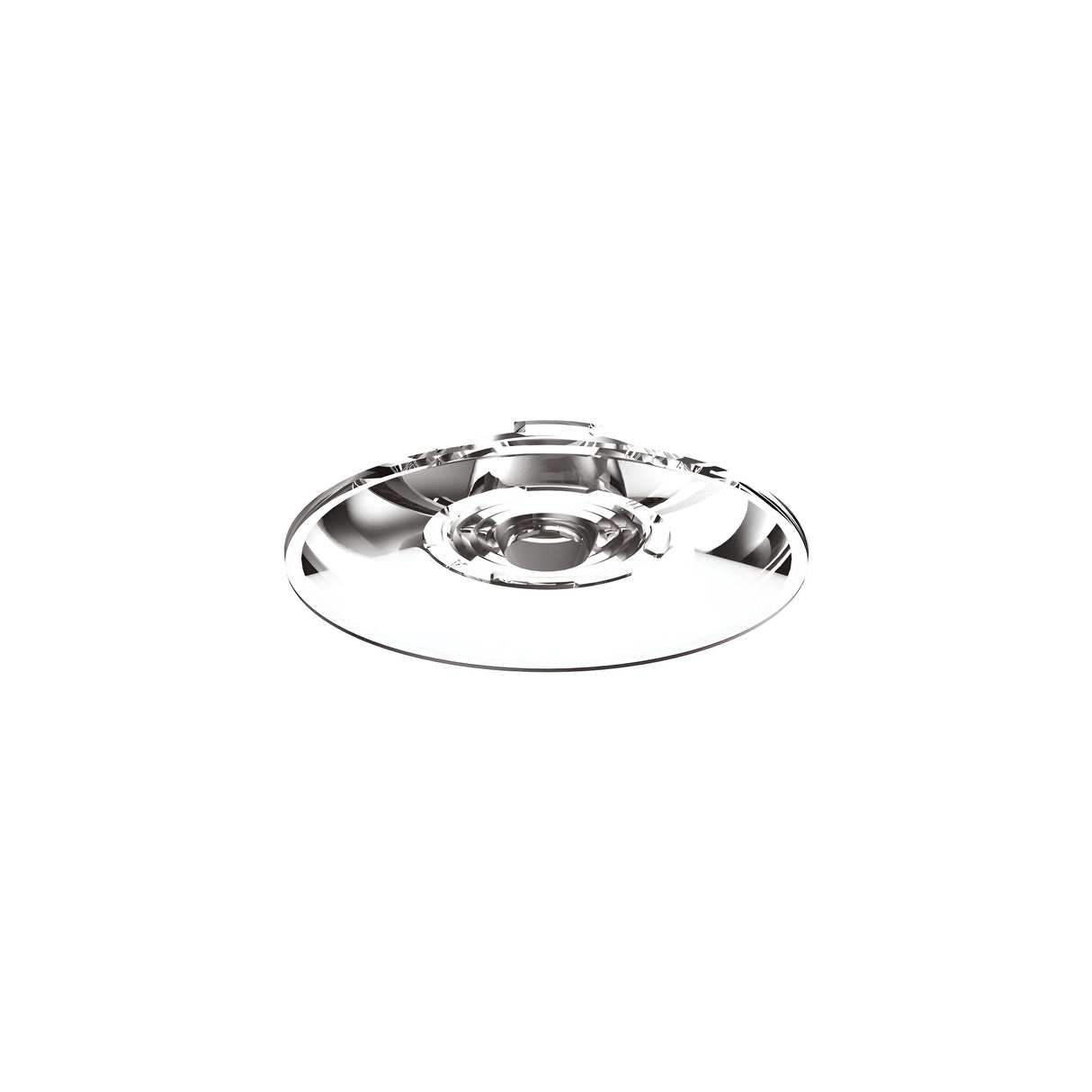 An 18° Prismatic Pendant Lens with a shiny, metallic disc shape and a raised central ring, set against a plain white background.