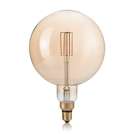 The 4W Dimmable LED Extra Large Globe Filament Bulb in Amber features a vintage-inspired design with a visible filament. It emits a soft light at 2200K and is equipped with an E27 standard screw-in base, ensuring compatibility with most decorative light fixtures.