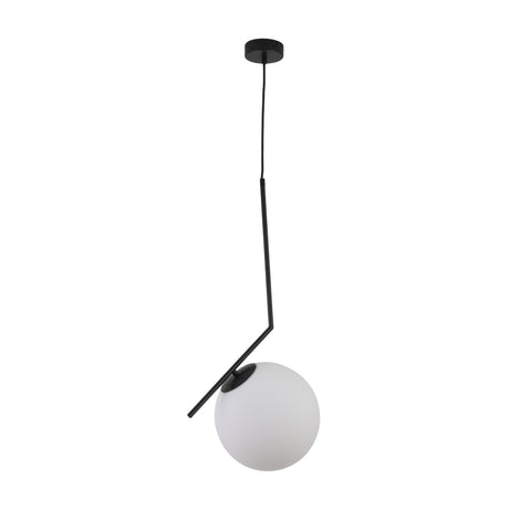 The Vetra Opal Glass Large Pendant Light - Black features a black angular rod with a round white globe lampshade, suspended from a sleek black ceiling mount—ideal for modern, stylish lighting in any space.