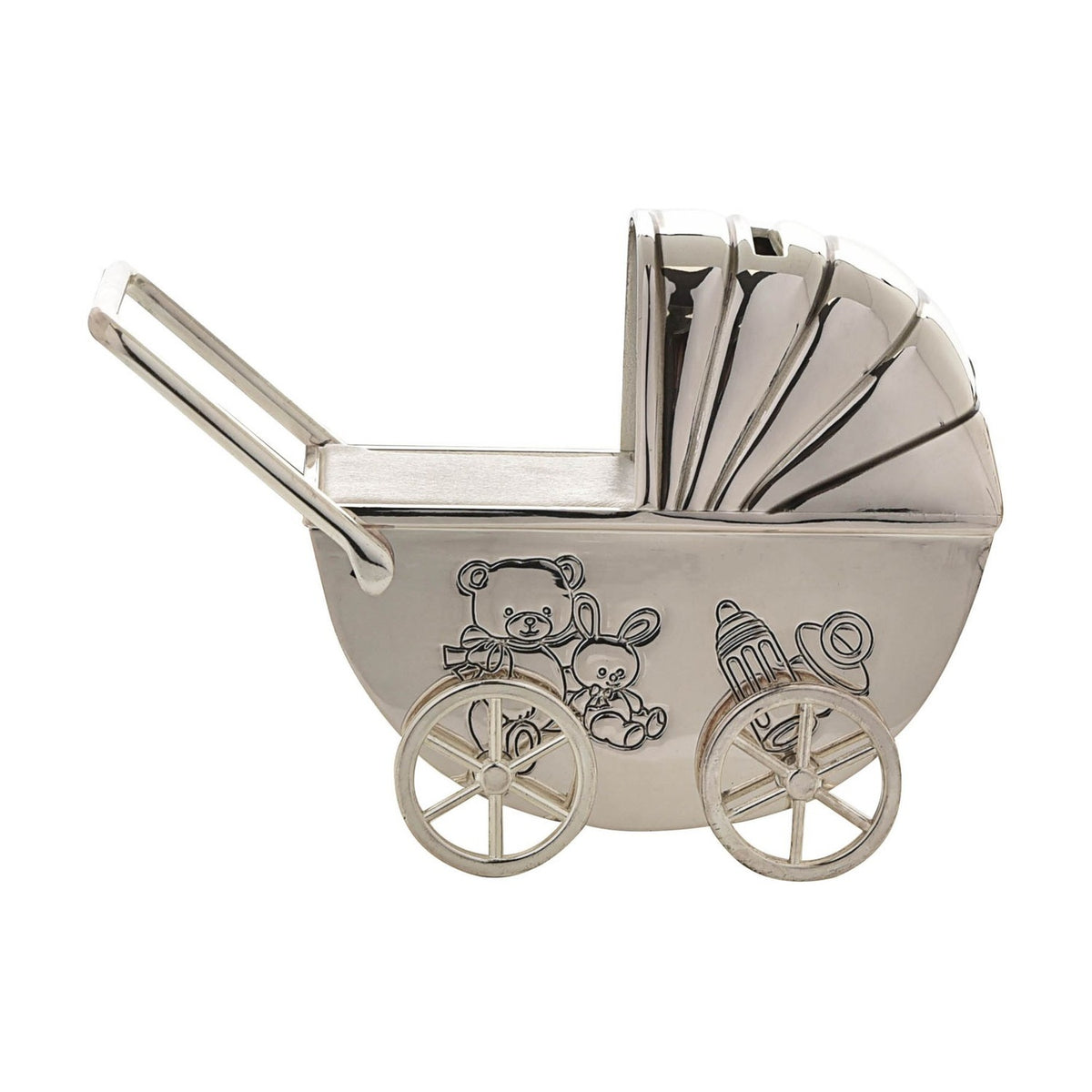Silverplate Metal Pram Money Box with Moving Wheels - Silver