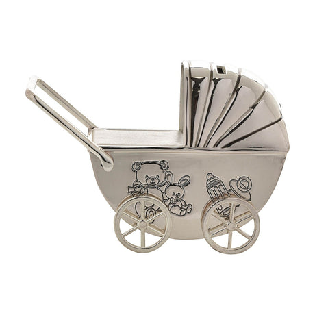 Silverplate metal pram money box with ribbed hood, four spoked turning wheels, and engraved teddy bear and bunny nursery motifs, shown on a plain white background.