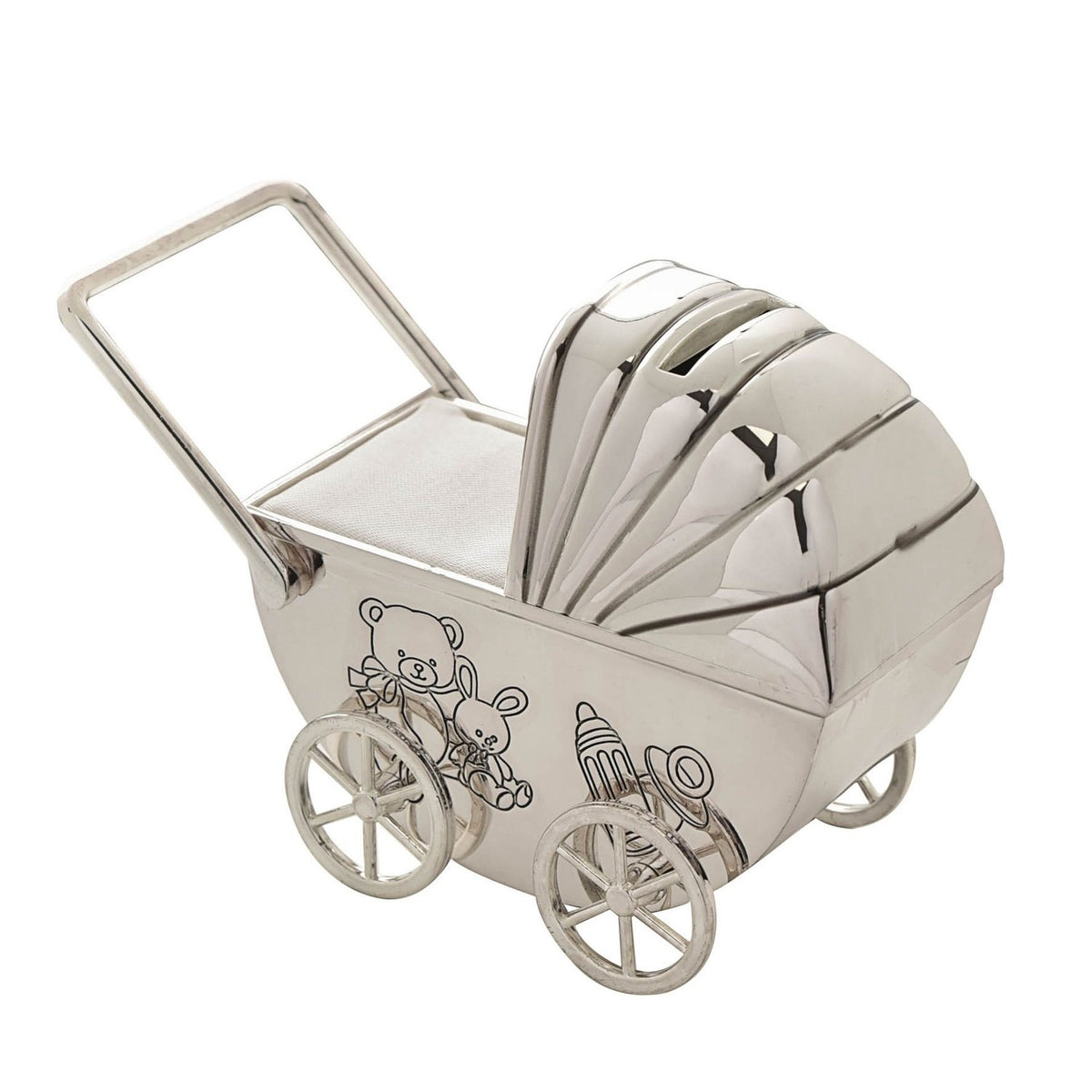 Silverplate Metal Pram Money Box with Moving Wheels - Silver
